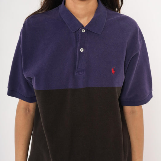 90s Polo by Ralph Lauren Color Block Pique Polo Purple Navy Black Cotton Large L