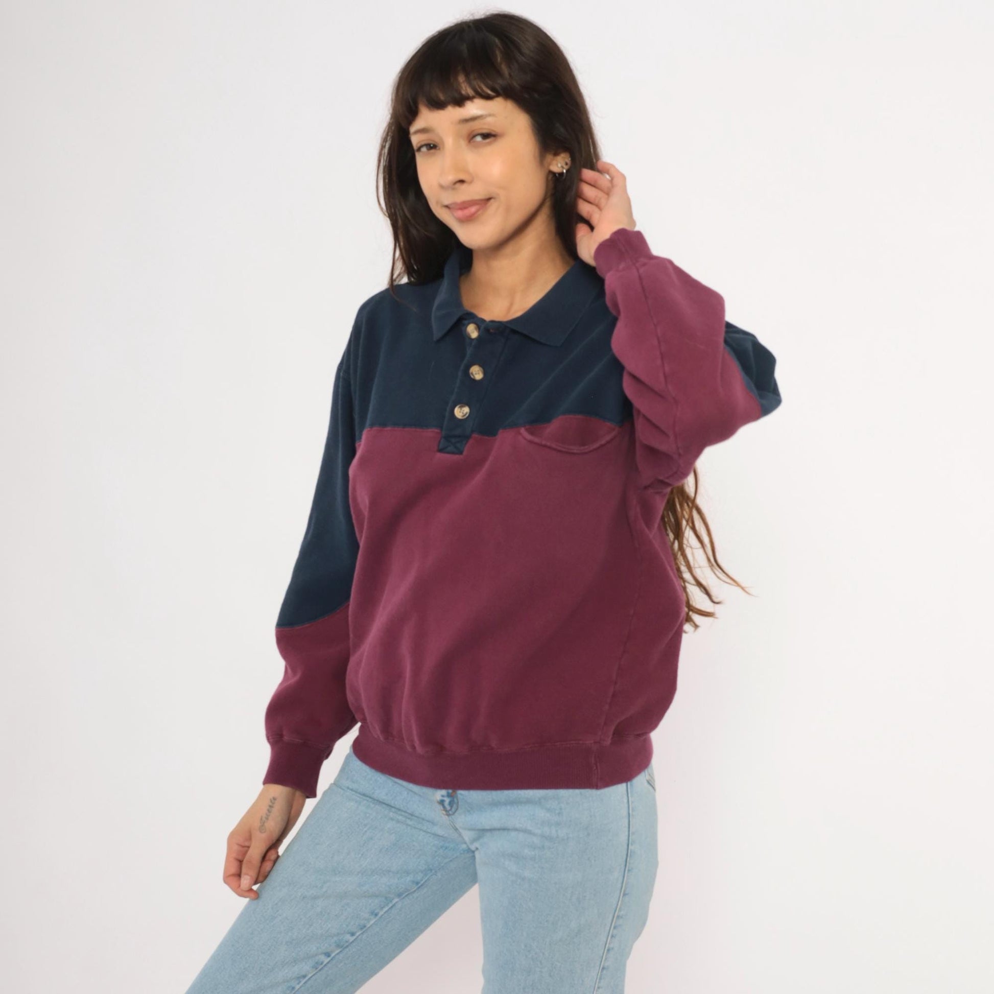 90s Werguard Color Block Polo Sweatshirt Navy Burgundy Cotton Medium M