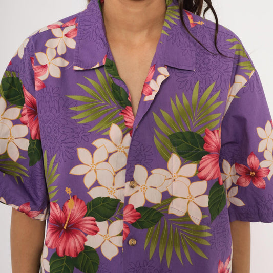 90s Purple Hawaiian Shirt Tropical Floral Hibiscus Plumeria Cotton Extra Large XL