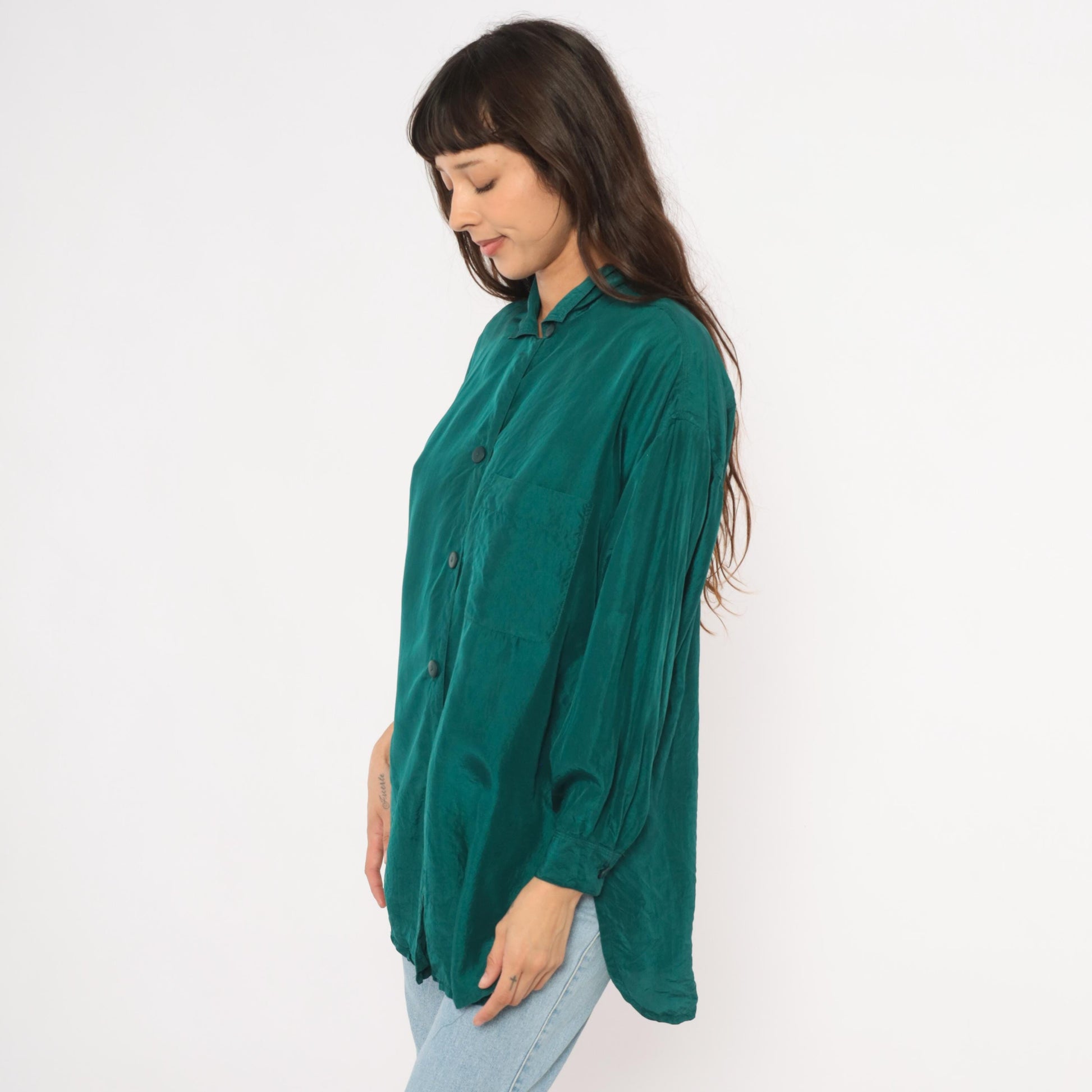 90s The Limited Teal Silk Button Shirt Camp Collar Balloon Sleeve Small