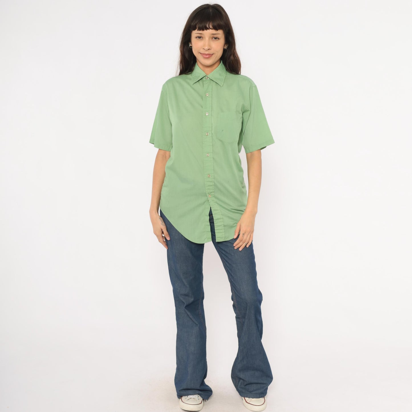 70s Mossini Sage Green Button Down Shirt Short Sleeve Pointed Collar Small