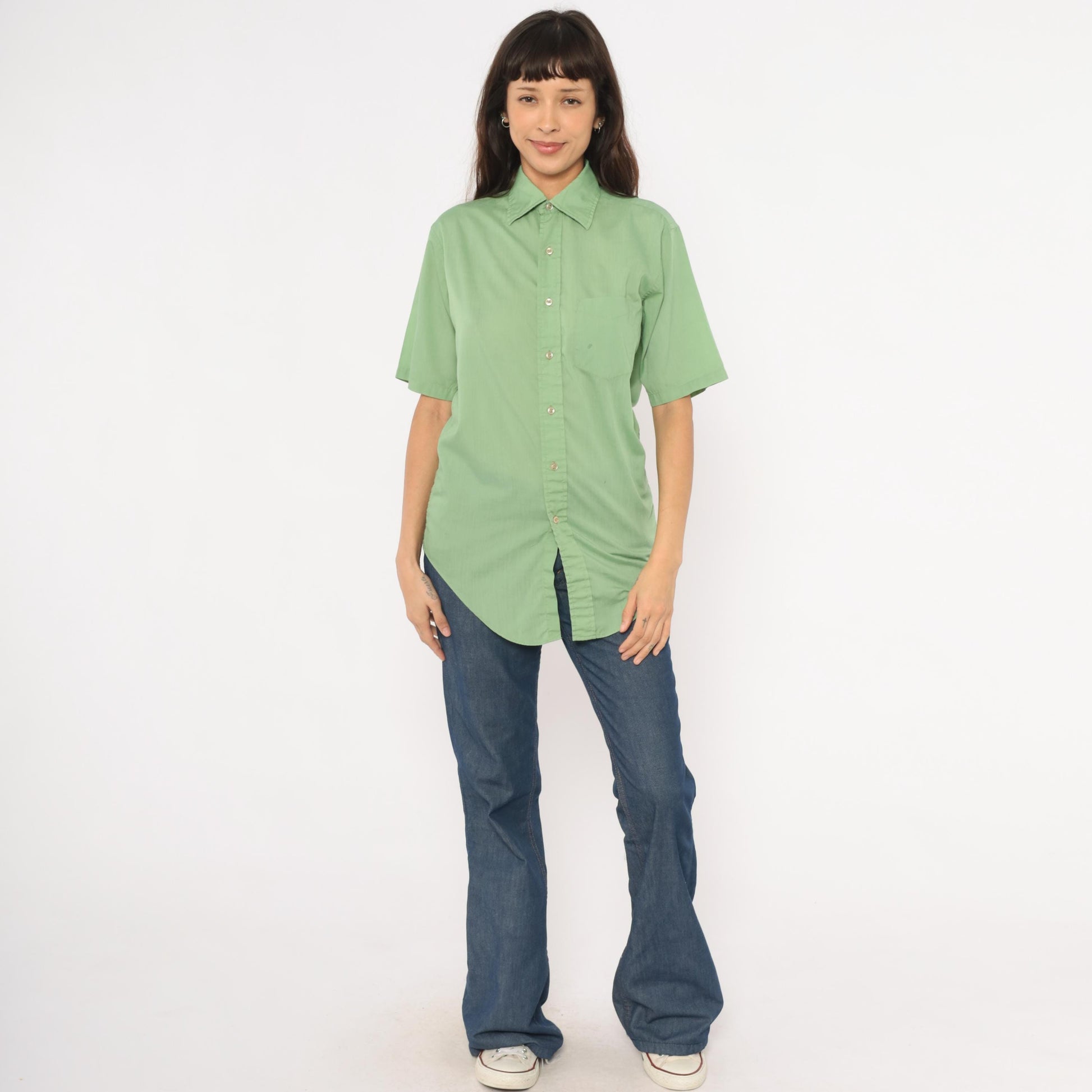 70s Mossini Sage Green Button Down Shirt Short Sleeve Pointed Collar Small