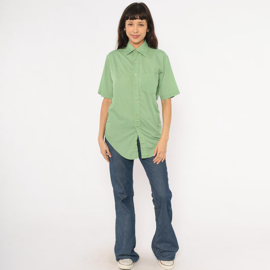 70s Mossini Sage Green Button Down Shirt Short Sleeve Pointed Collar Small