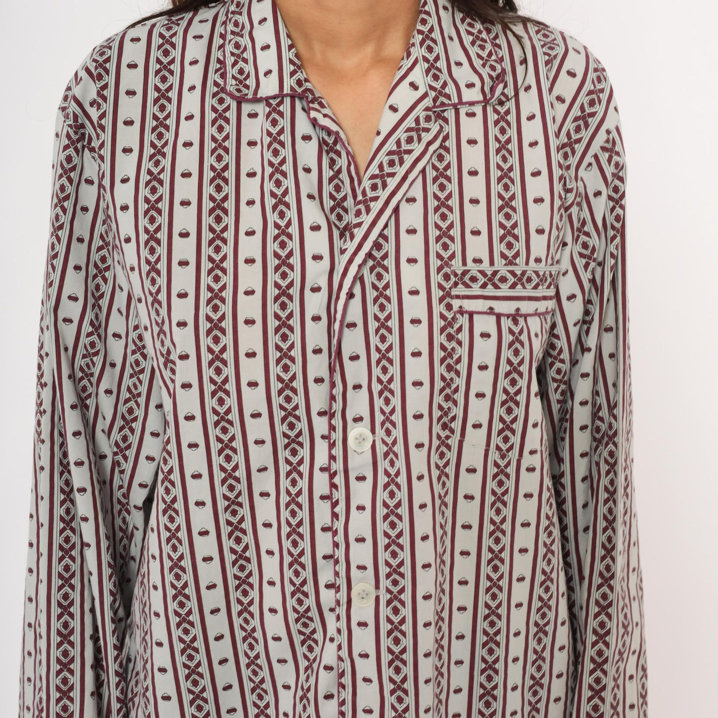 80s MTL Classics Pajama Shirt Geometric Stripe Burgundy Grey Notched Collar Large