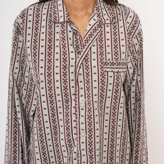 80s MTL Classics Pajama Shirt Geometric Stripe Burgundy Grey Notched Collar Large