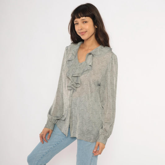 90s Christie & Jill Paisley Ruffle Blouse Grey Silver Button Front V Neck Large L