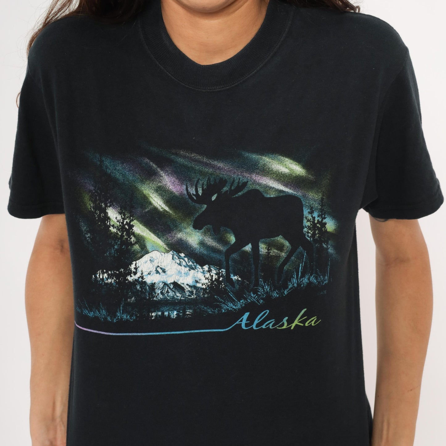 Y2K Alaska Moose Aurora Borealis Graphic Tee Black Cotton Small S