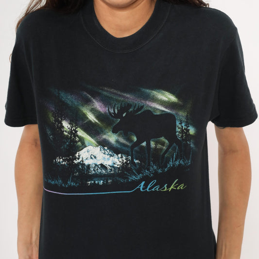 Y2K Alaska Moose Aurora Borealis Graphic Tee Black Cotton Small S