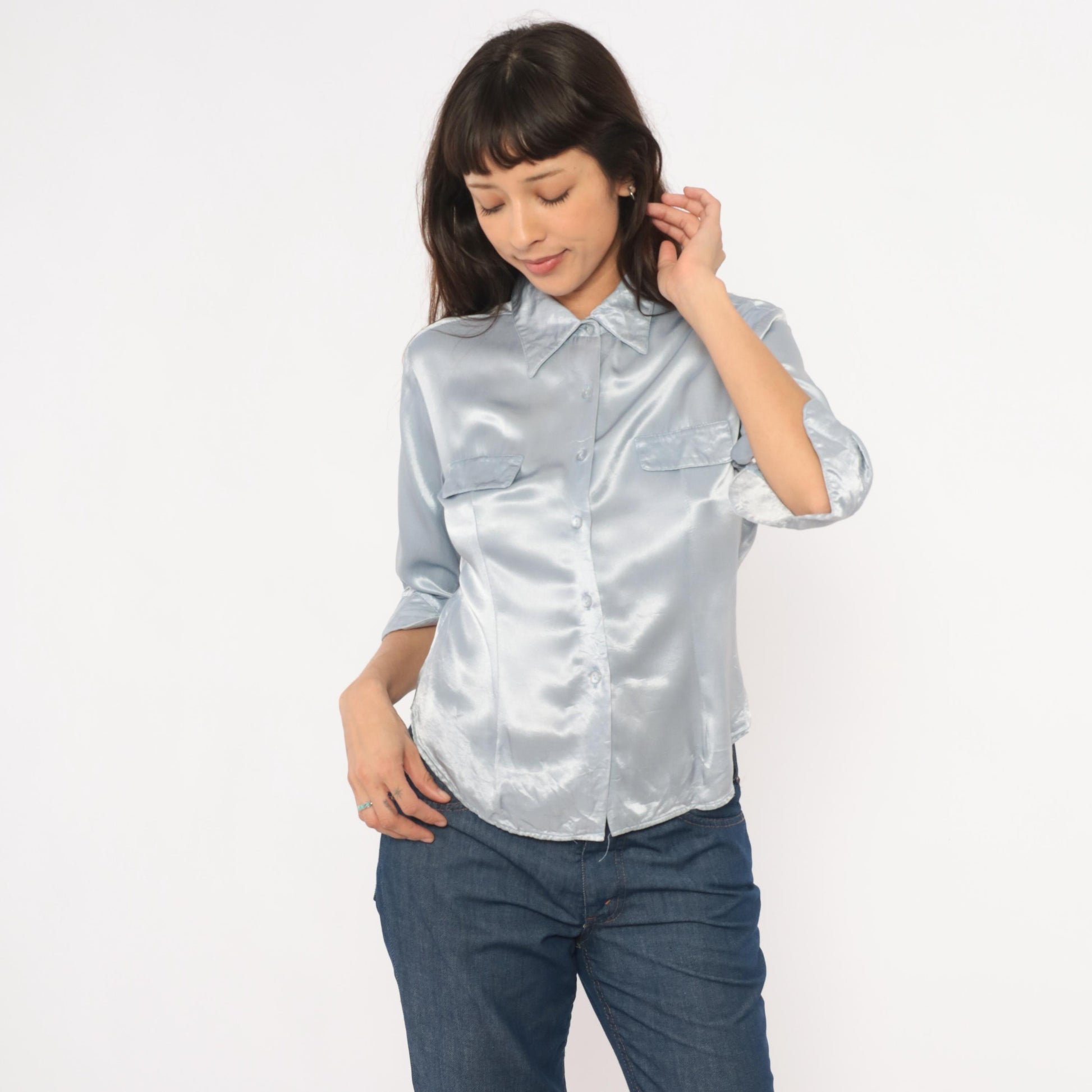 90s Younique Silver Satin Button Blouse Three Quarter Sleeve Small
