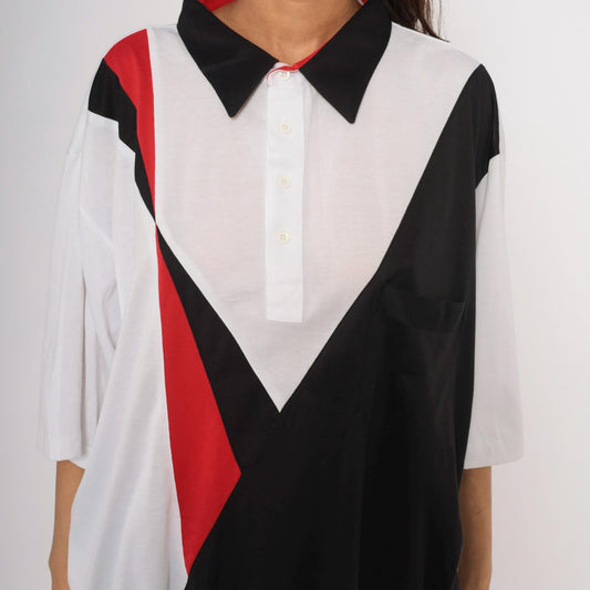 80s Envoy Colour Block Polo Chevron White Black Red Plus Size XXL