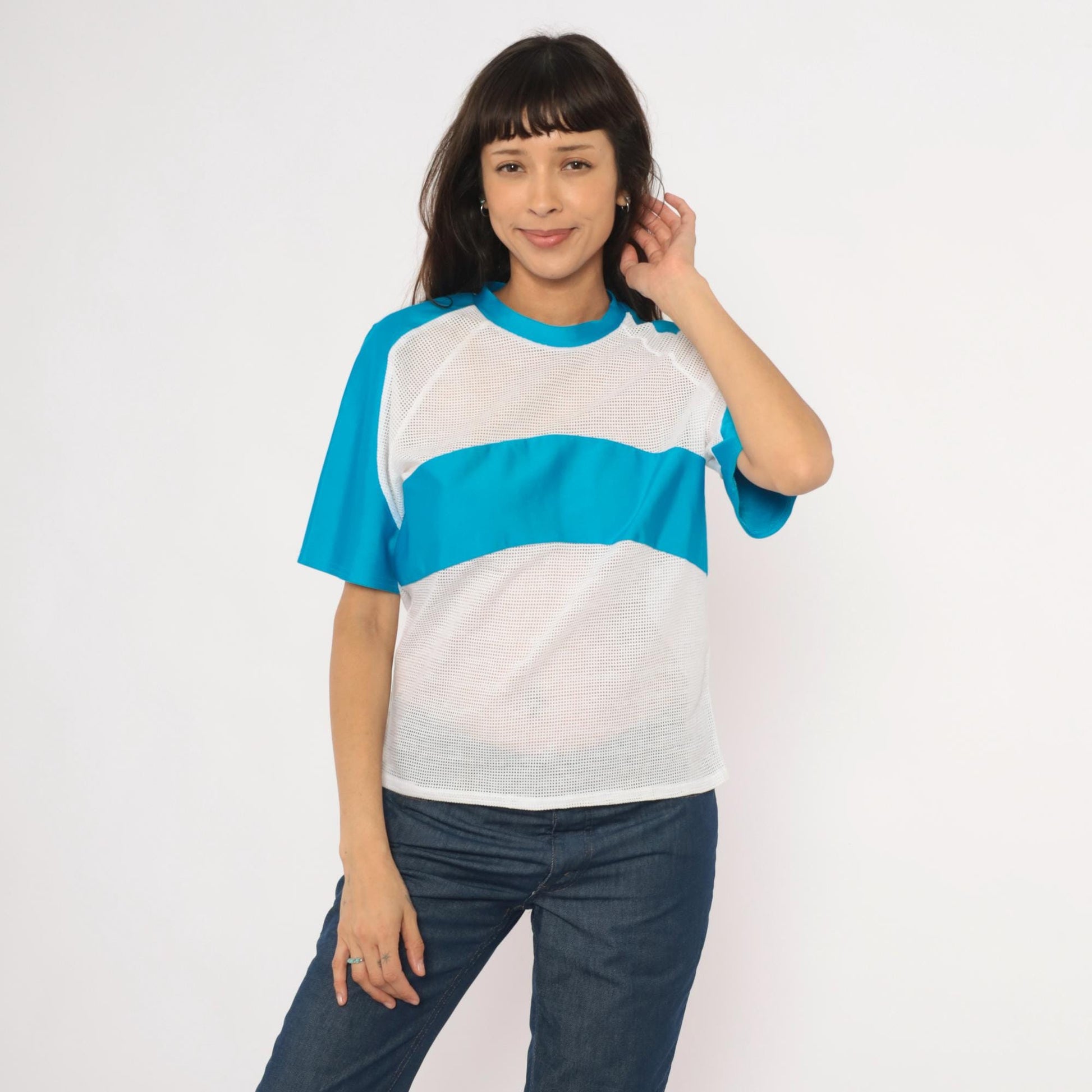 90s Kanu Mesh Panel Raglan Tee Blue White Colorblock Cotton Medium M