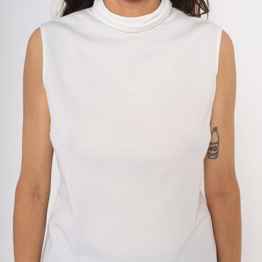 70s White Sleeveless Mock Neck Blouse Fitted Shell Cream Minimalist Medium M