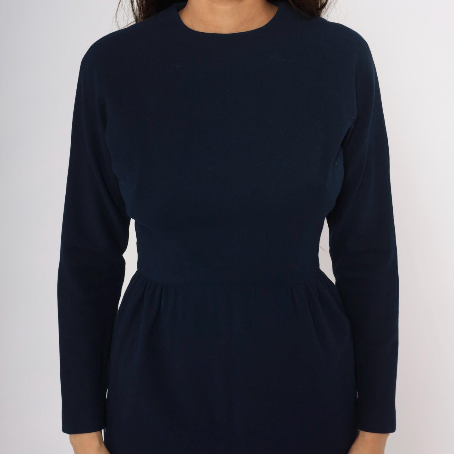1950s Junior Sophisticates Navy Wool Dress Gathered Waist Knee Length Small