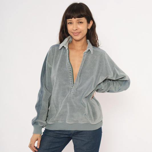 80s Damon Velour Polo Sweatshirt Grey-Blue Collared Pullover Medium M
