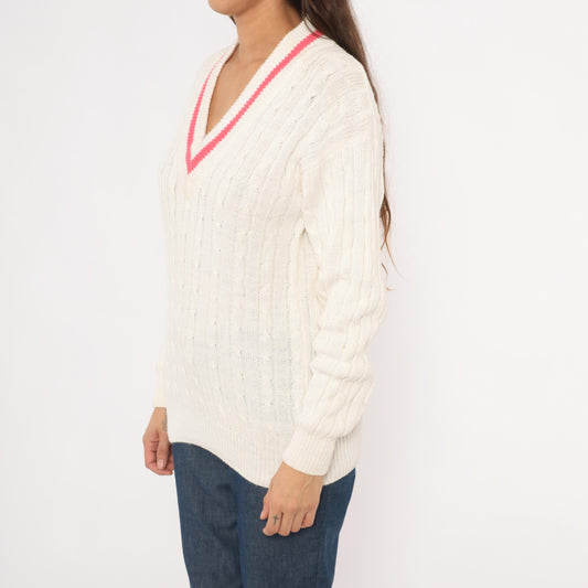 90s Boundary Waters Cable Knit V Neck Sweater Pink Stripe Ivory Small S