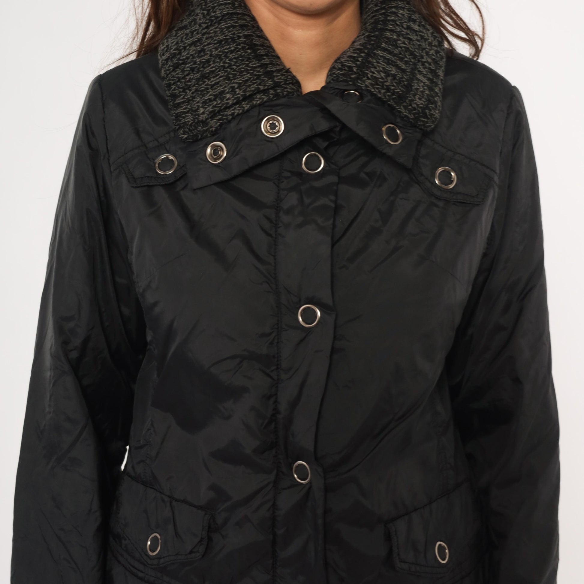 Y2K Dollhouse Black Bomber Jacket Snap Front Knit Collar Cropped Medium M