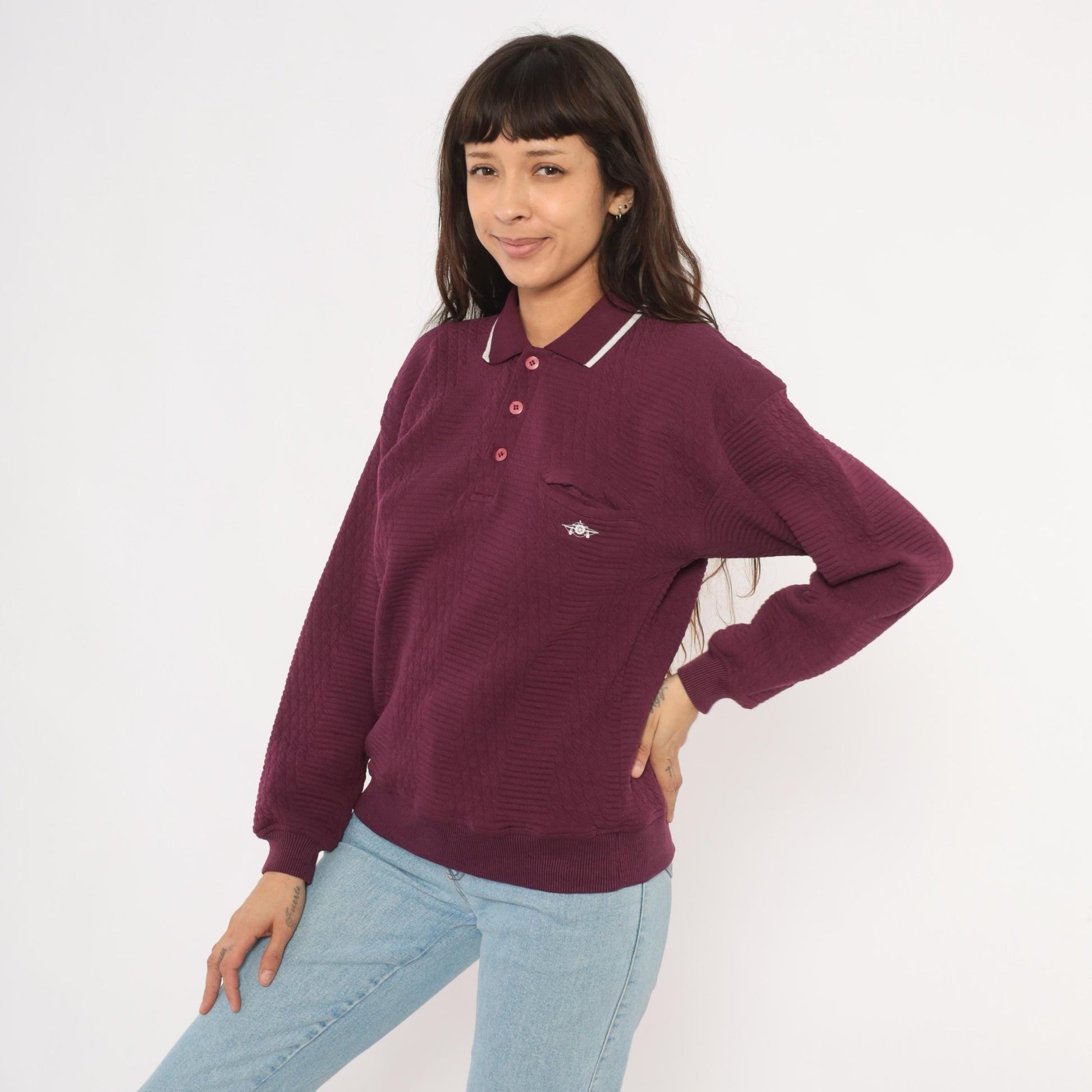 90s Green Line International Plum Polo Sweater Diamond Knit White Collar Medium M