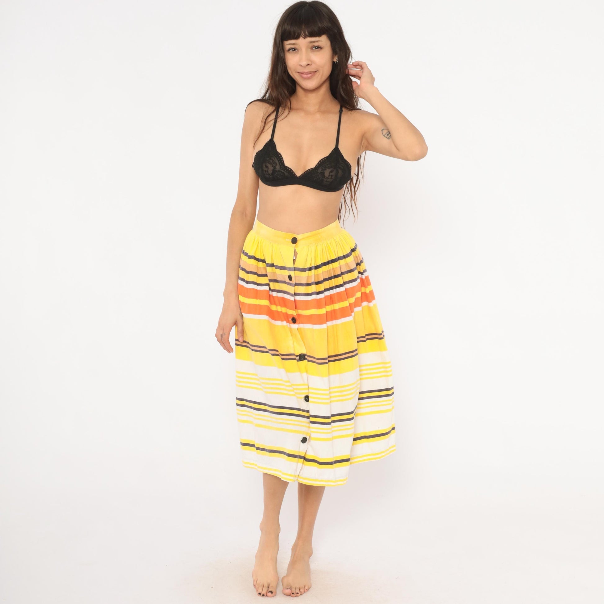 70s Striped Button Front Midi Skirt Yellow Orange Cotton Gathered Waist Small