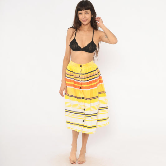 70s Striped Button Front Midi Skirt Yellow Orange Cotton Gathered Waist Small