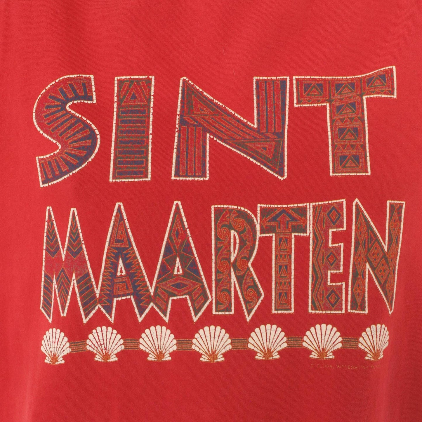90s Sint Maarten Tribal Seashell Souvenir Tee Red Cotton Extra Large XL