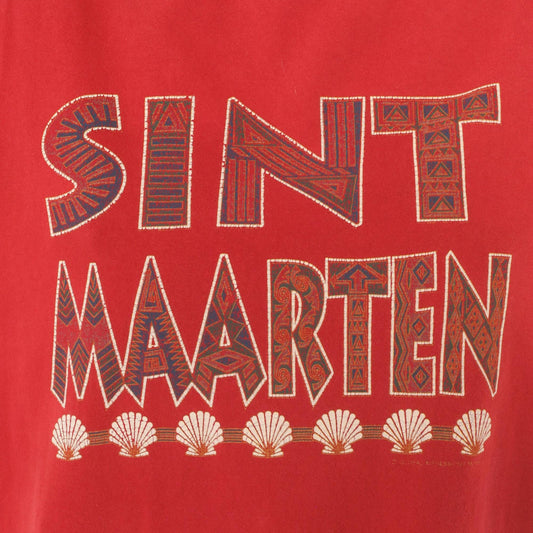 90s Sint Maarten Tribal Seashell Souvenir Tee Red Cotton Extra Large XL