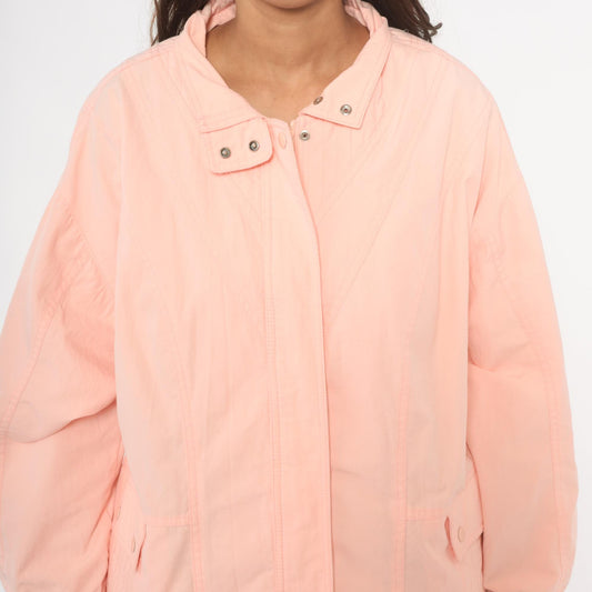 80s Aurora International Windbreaker Jacket Peach Snap Collar Zip Front Extra Large XXL