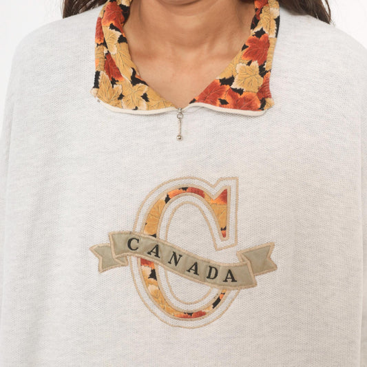 90s Cityscape Canada Maple Leaf Quarter-Zip Sweatshirt Cream Large L