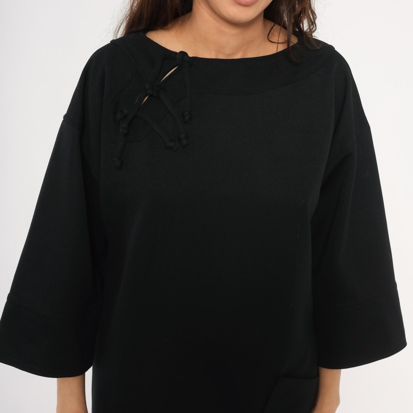 70s Black Shift Dress Lace-Up Neckline Bell Sleeve Patch Pockets Extra Large XL