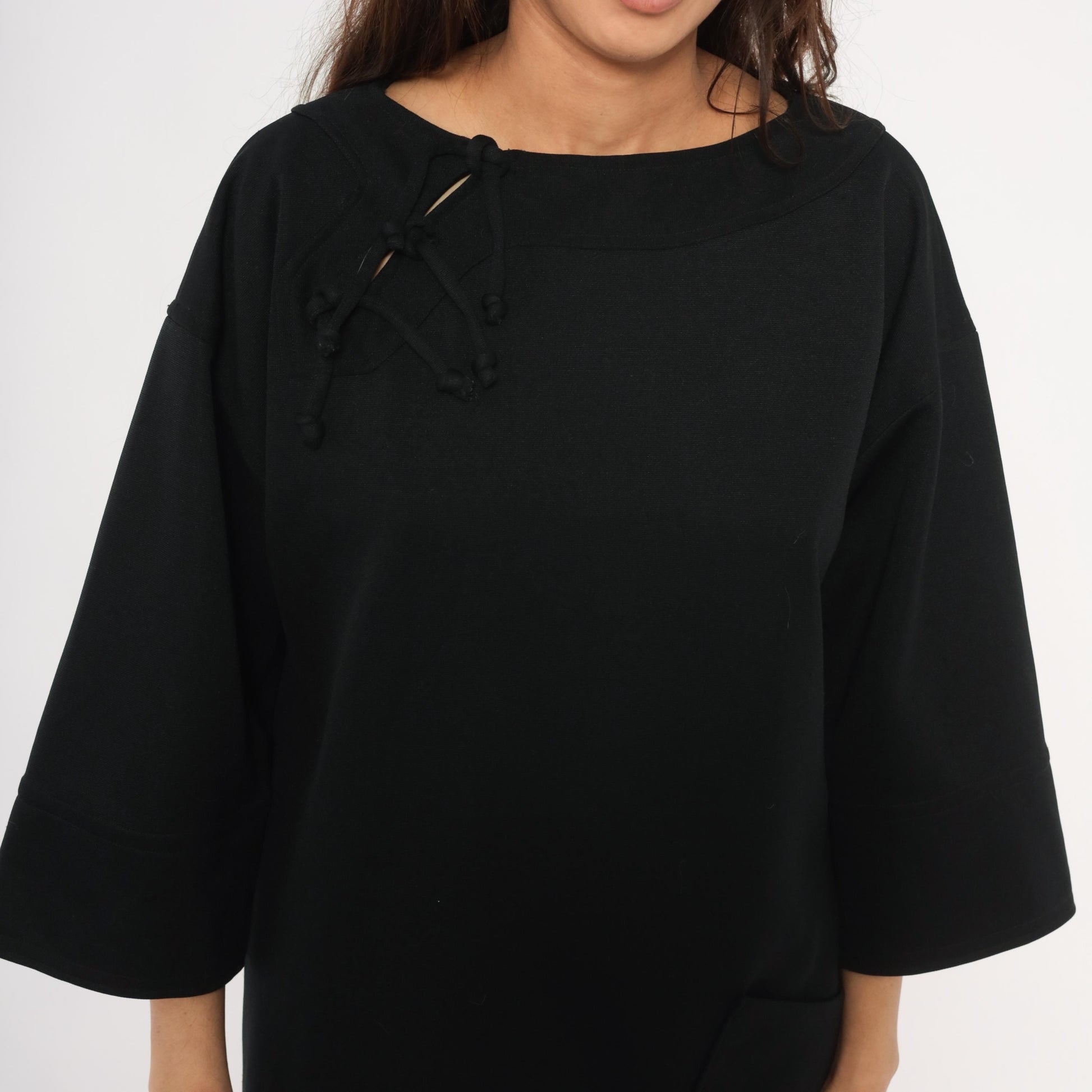 70s Black Shift Dress Lace-Up Neckline Bell Sleeve Patch Pockets Extra Large XL