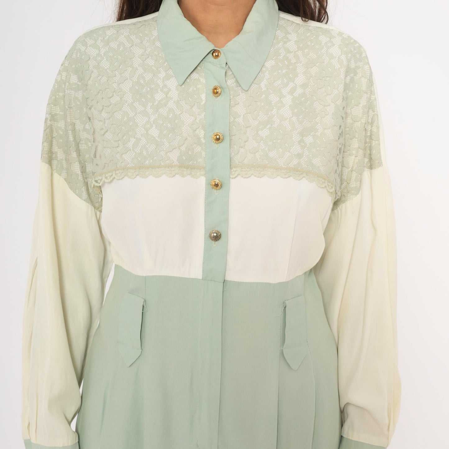 90s Irresistible Sage Mint Lace Midi Dress Gold Buttons Pointed Collar Large L