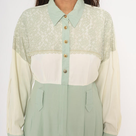 90s Irresistible Sage Mint Lace Midi Dress Gold Buttons Pointed Collar Large L