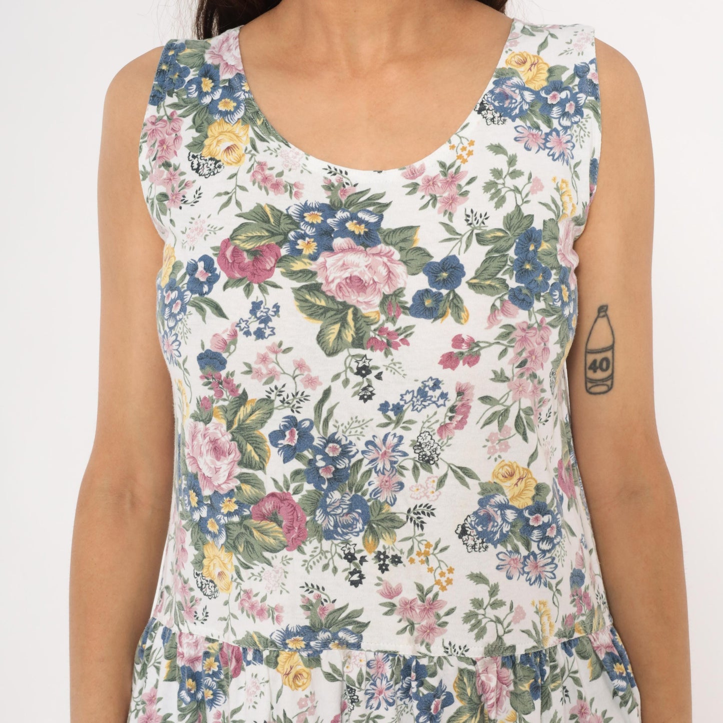90s Erika Floral Sundress White Pink Blue Garden Print Cotton Small