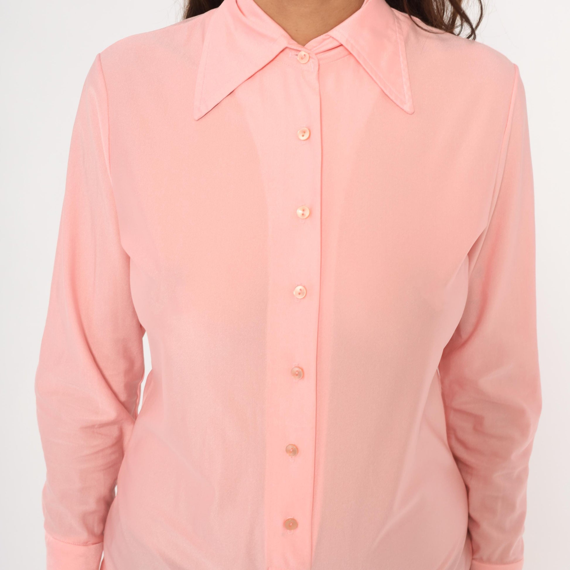 80s Imagnin Pink Bodysuit Blouse Pointed Collar Long Sleeve Large L