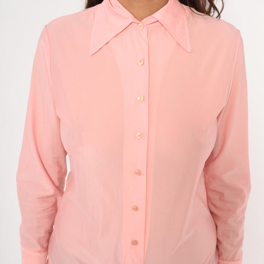 80s Imagnin Pink Bodysuit Blouse Pointed Collar Long Sleeve Large L