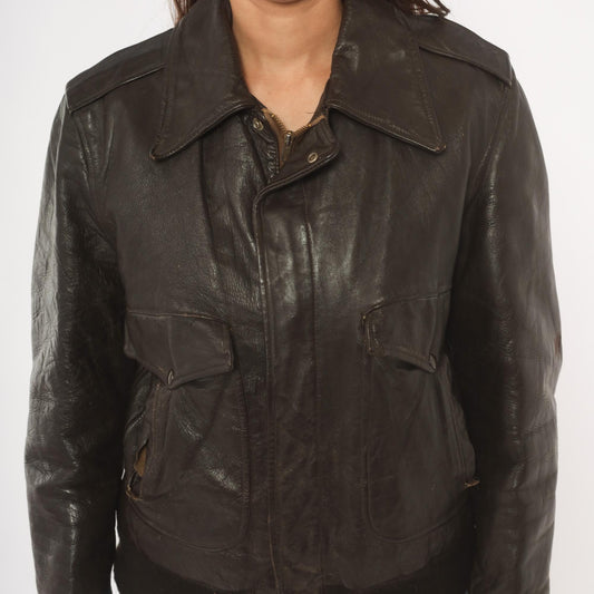 80s Golden Fleece Dark Brown Leather Bomber Jacket Cropped Small