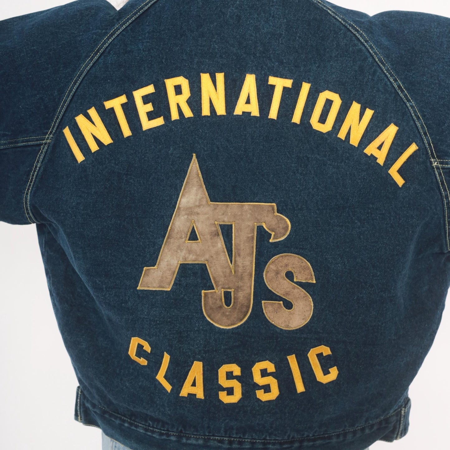 90s AJs Dark Wash Denim Bomber Jacket Embroidered Logo Small