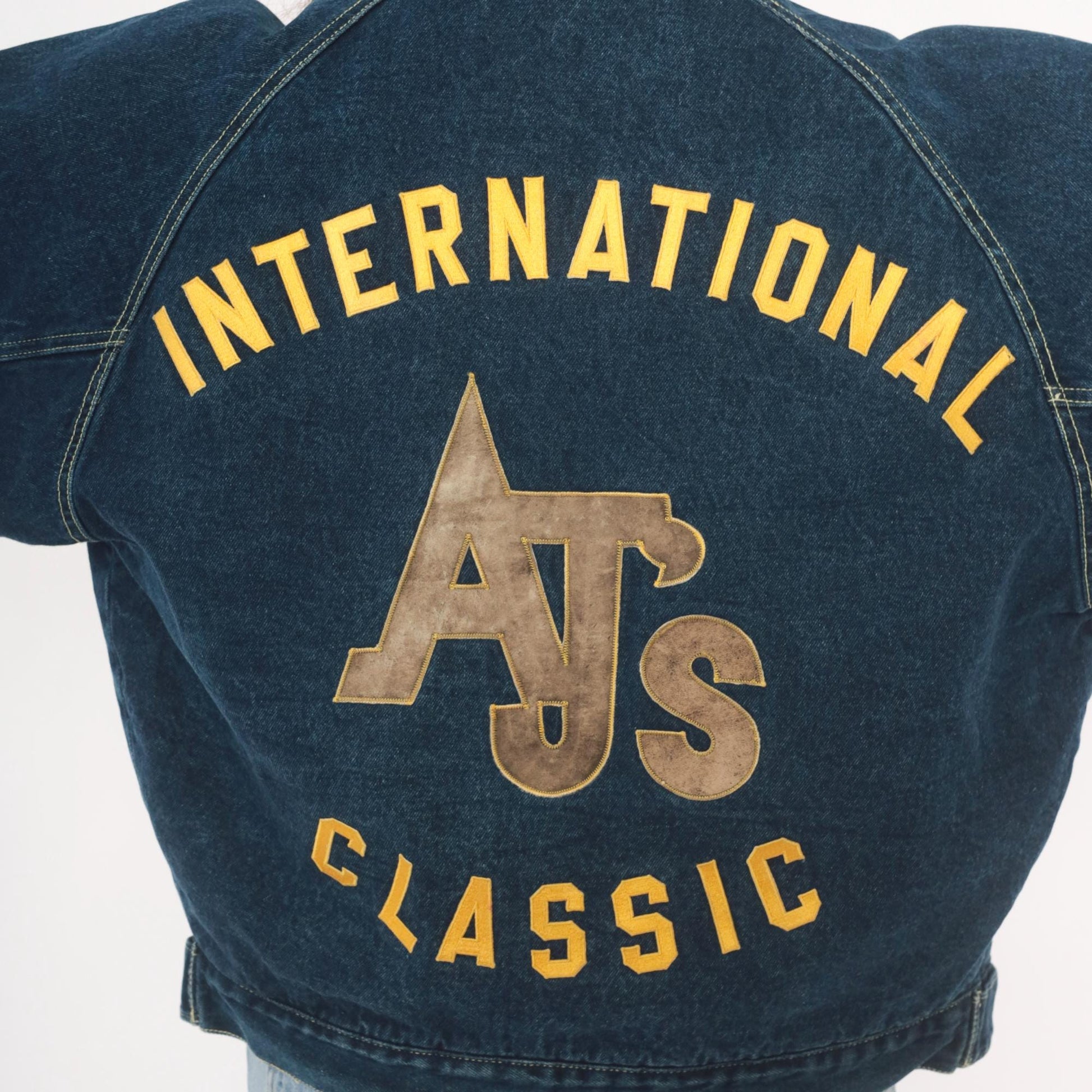 90s AJs Dark Wash Denim Bomber Jacket Embroidered Logo Small