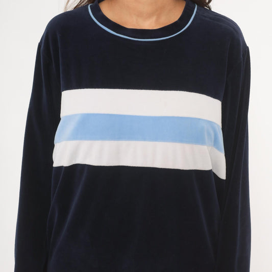 2000s St Johns Bay Navy Velour Sweatshirt Striped Chest Panel Extra Large XL