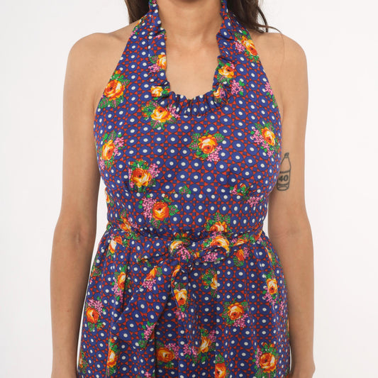 70s Floral Halter Dress Purple Polka Dot Tie Waist Open Back XS