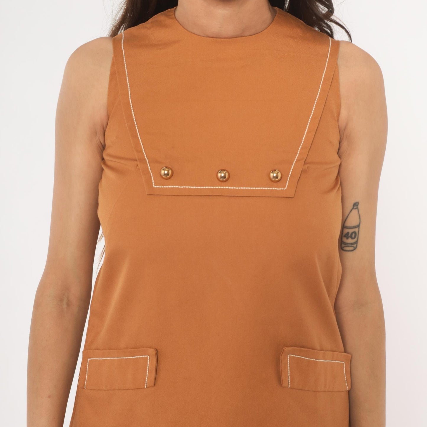 60s Mod Mini Dress Tan Sleeveless Shift Gold Button Crew Neck Extra Small XS