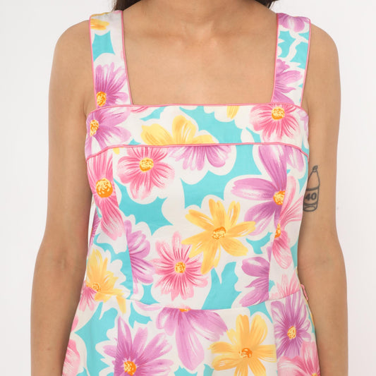 90s Scarlett Floral Sundress Square Neck Daisy Print Sky Blue Medium M