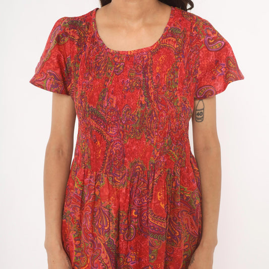 70s Metropolitan Paisley Smocked Midi Dress Red Flutter Sleeve Cotton Large L