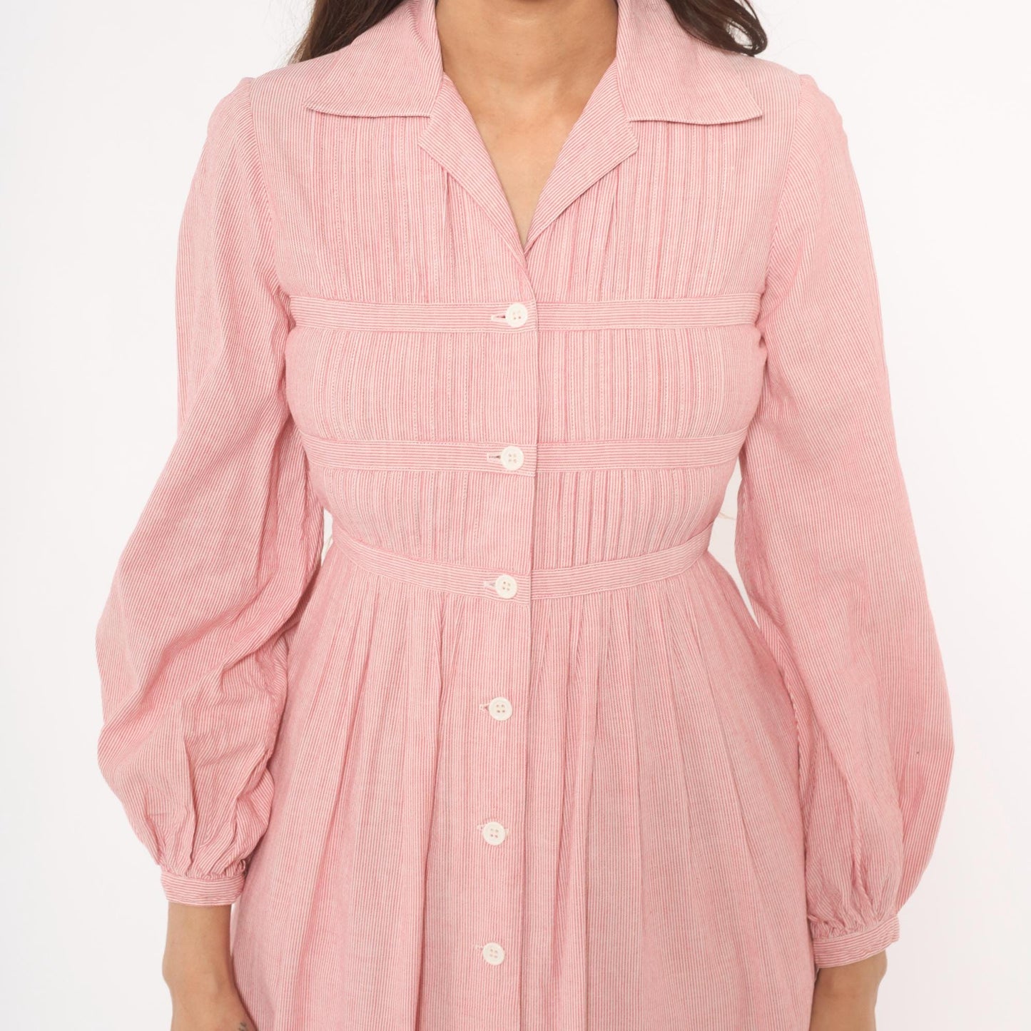 80s Nipon Boutique Pinstripe Shirtdress Pink Button Front Puff Sleeve XS