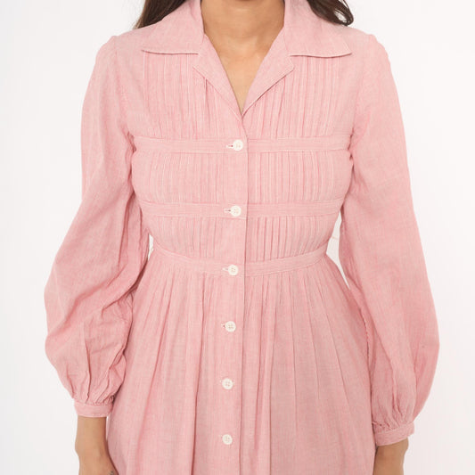 80s Nipon Boutique Pinstripe Shirtdress Pink Button Front Puff Sleeve XS
