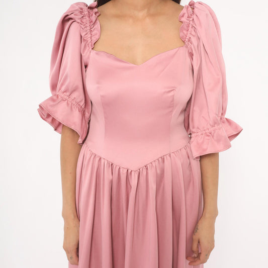 80s Rose Pink Maxi Gown Sweetheart Neckline Puff Sleeve Ruffle Trim Medium M