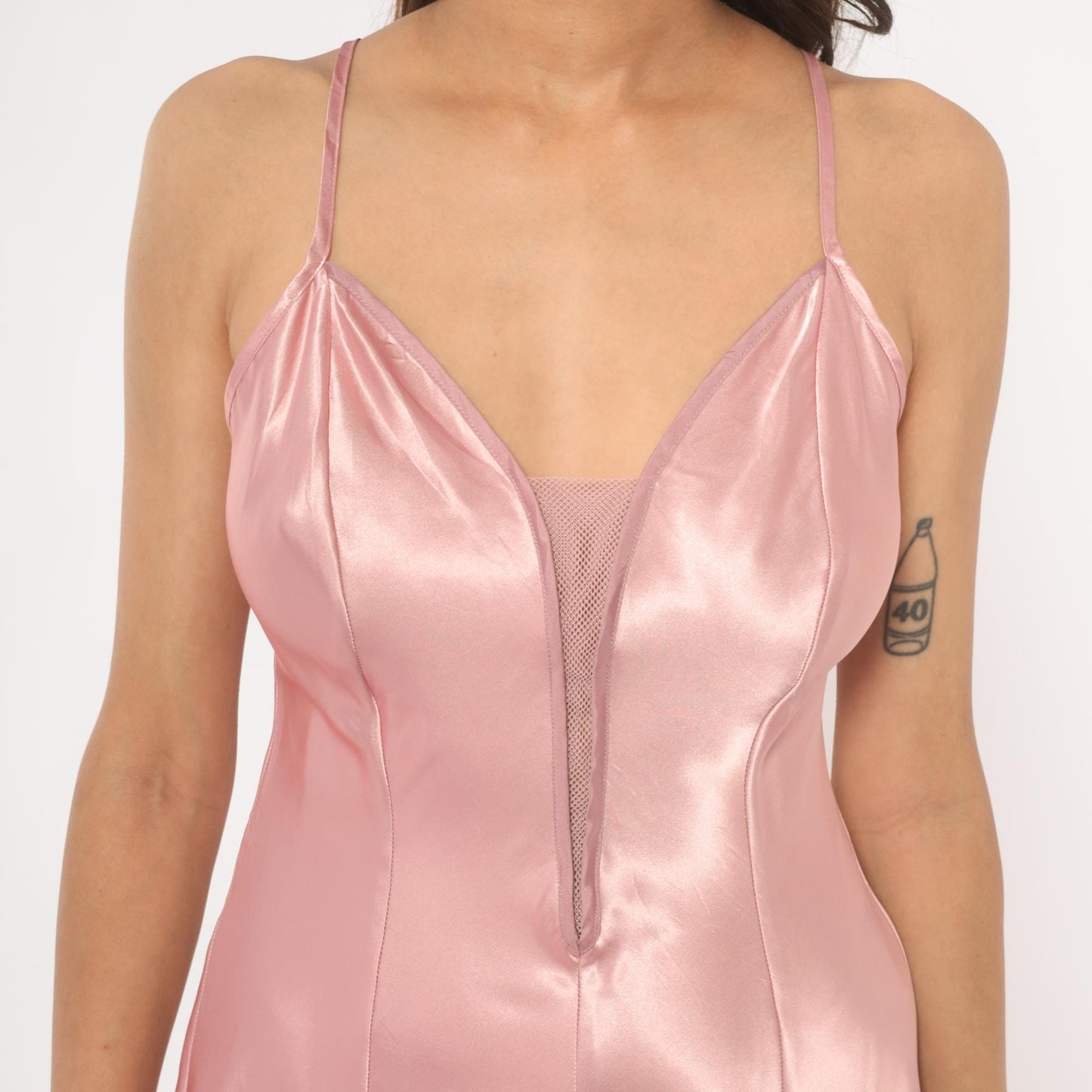 90s Victoria's Secret Pink Satin Slip Dress Deep V Mesh Insert Small