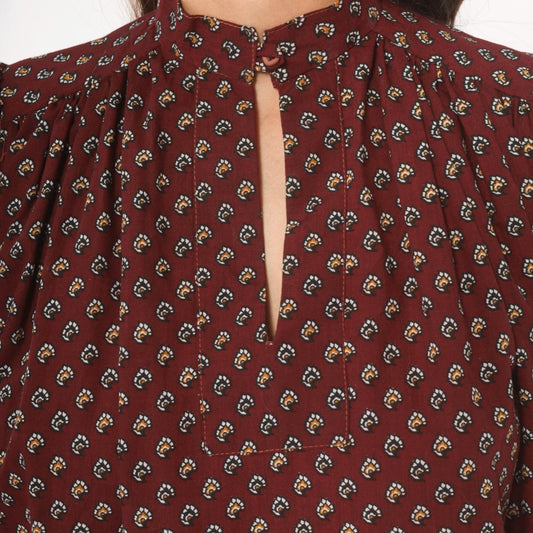 80s Hear Say Burgundy Floral Mini Dress Puff Sleeve Keyhole Band Collar Medium M