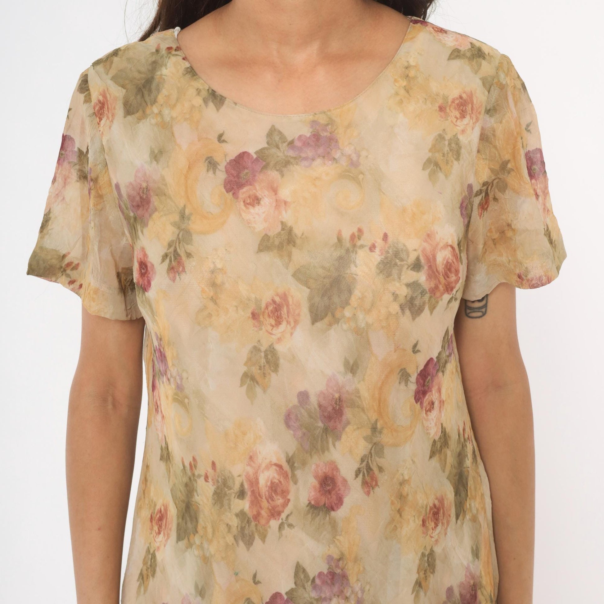 90s DJ Summers Floral Chiffon Dress Tan Rose Print Knee Length Medium M