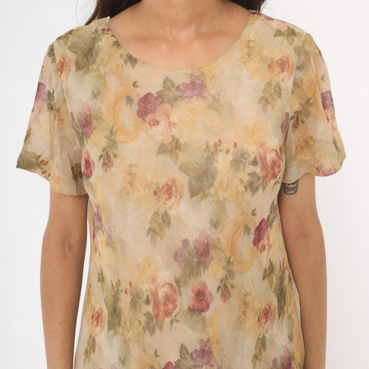 90s DJ Summers Floral Chiffon Dress Tan Rose Print Knee Length Medium M