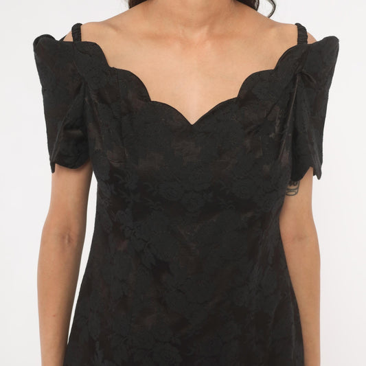 90s Expo Petite Black Floral Jacquard Mini Dress Sweetheart Neckline Medium M